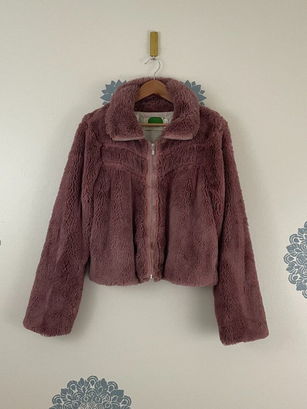Anthropologie Faux Fur Lace Chevron Bomber Jacket in Dusty Mauve Size Large